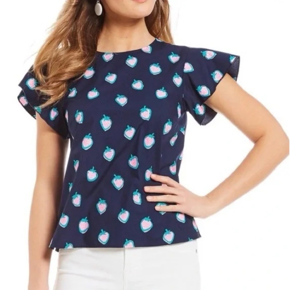 Draper James navy blue cotton top pink green strawberry pattern size 0/US S
